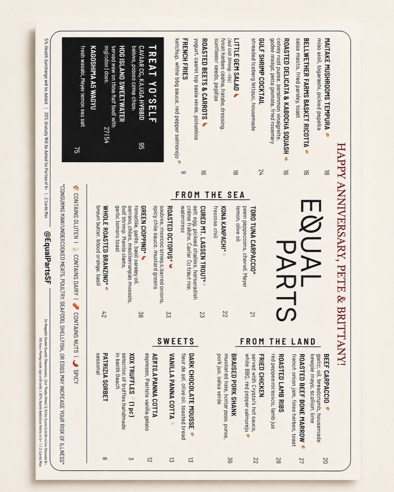 Personalized celebration menu with the guest's greeting